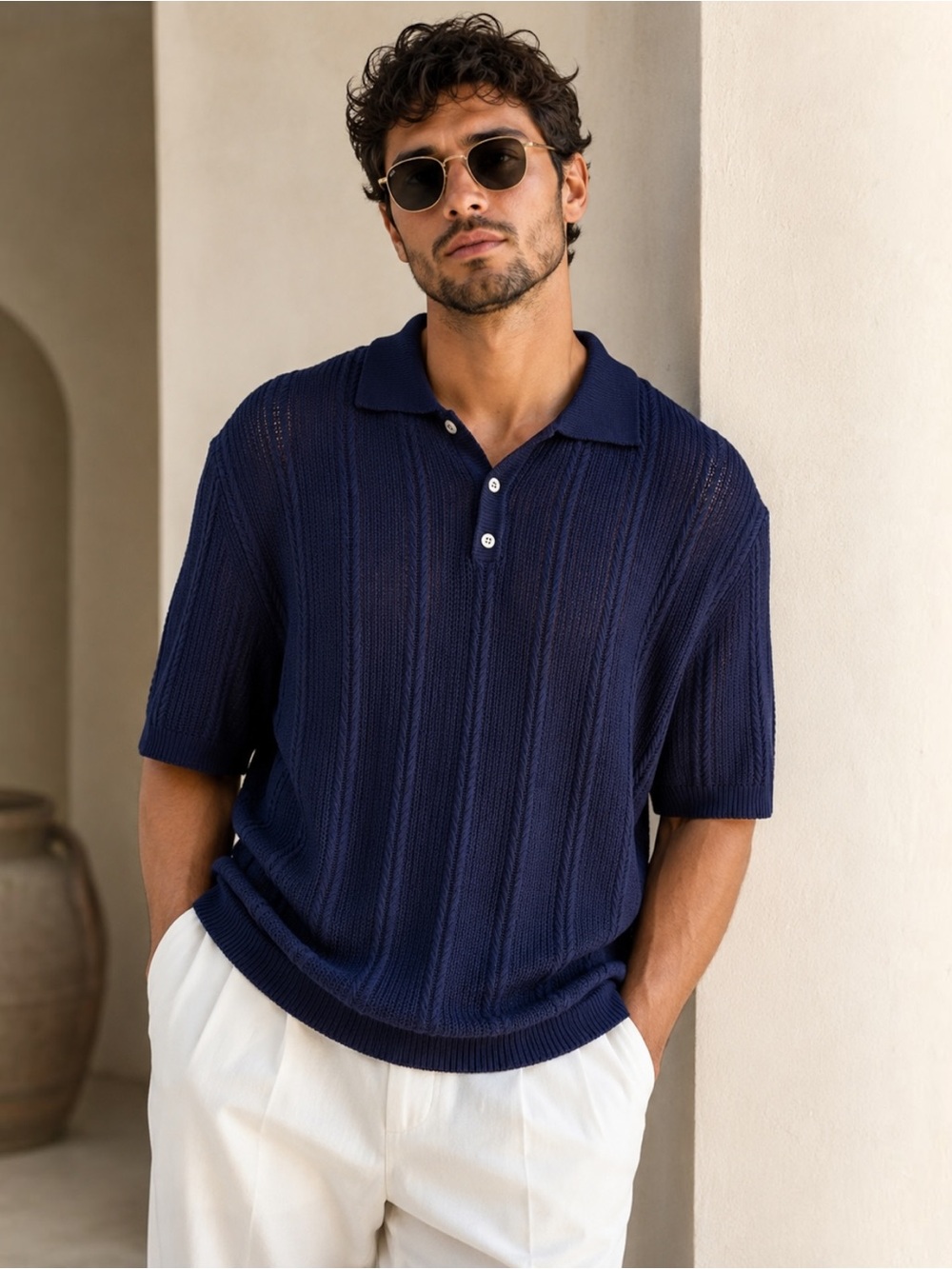 Dino Tabucci 2XL Navy Blue Rib Knit Polo Shirt Retro Open Knit Short Sleeve